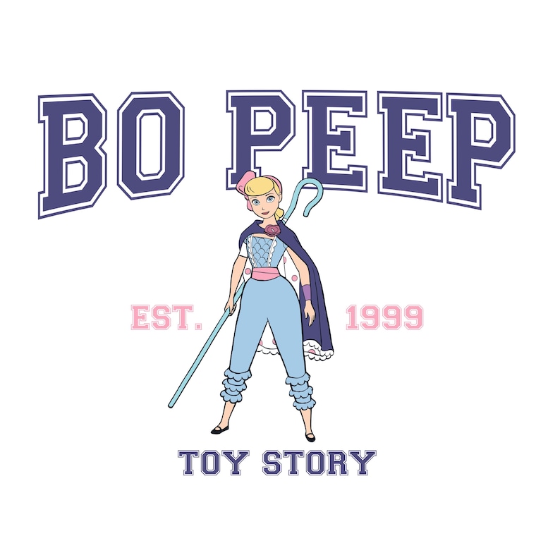 K&ouml;nnte beinhalten: Grafik mit Bo Peep aus Toy Story. Der Text "BO PEEP" steht in blauer Schrift &uuml;ber der Figur. Darunter steht "TOY STORY". Der Text "EST. 1999" ist rosa.