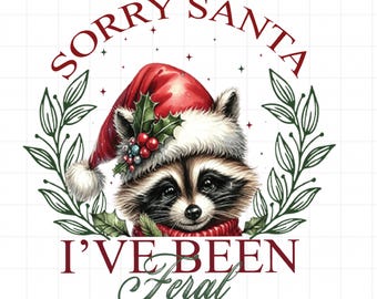 Immagine PNG divertente di un procione a tema natalizio e di un cappello di Babbo Natale in stile retrò (download digitale)