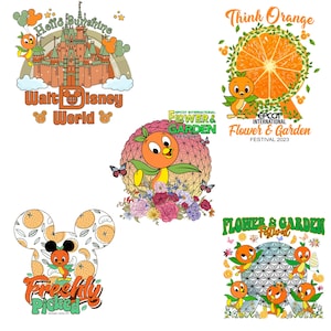 May include: A collection of colorful graphic designs featuring the Orange Bird character from Walt Disney World. Designs include the Magic Kingdom castle, Mickey Mouse ears, and the text "Hello Sunshine", "Walt Disney World", and "Freshly Picked".