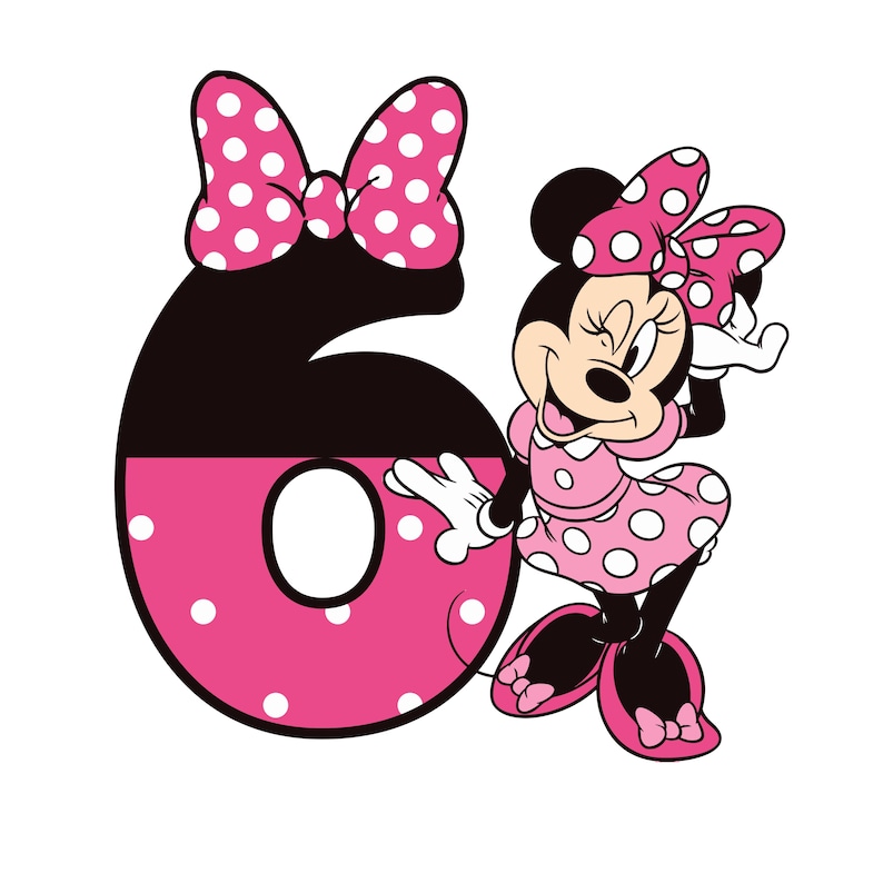Puede incluir: Ilustraci&oacute;n de dibujos animados con Minnie Mouse y el n&uacute;mero seis. Minnie Mouse lleva un vestido y un lazo de lunares rosas. El n&uacute;mero seis es negro en la parte superior y rosa con lunares blancos en la inferior.