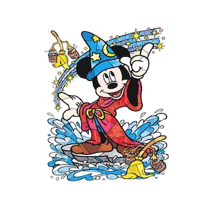 May include: Mickey Mouse as a sorcerer, wearing a blue hat with stars and a red robe. He is standing on a blue and white wave, with a yellow broom and buckets. Stars and a rainbow trail from his pointing finger.