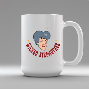 May include: White ceramic mug featuring a cartoon illustration of a woman with gray hair and the text "WICKED STEPMOTHER" in red. The design includes yellow star accents. The mug has a large handle.