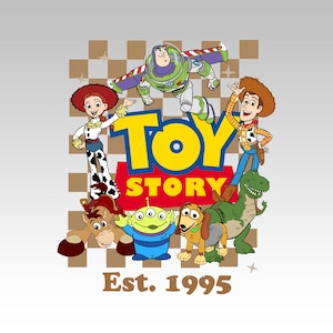 May include: A graphic featuring characters from the animated film "Toy Story." The word "TOY STORY" is in large yellow and red letters. The image includes Woody, Buzz Lightyear, Jessie, Rex, and other characters. The text "Est. 1995" is at the bottom.