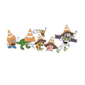 May include: A whimsical illustration featuring characters from the Toy Story franchise, each wearing an orange and white traffic cone as a hat. Buzz Lightyear is depicted flying with his wings extended. The characters include Mr. Potato Head, Rex, Slinky Dog, Hamm, and Buzz.