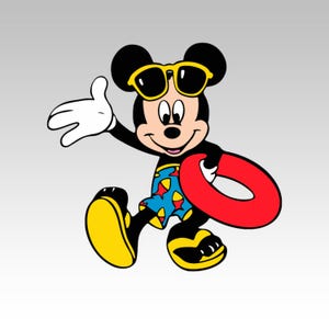 May include: Cartoon illustration of Mickey Mouse wearing yellow sunglasses, blue swim trunks with a fish pattern, and yellow sandals. Mickey is holding a red inflatable ring and waving with a white gloved hand. The background is a gradient of gray.