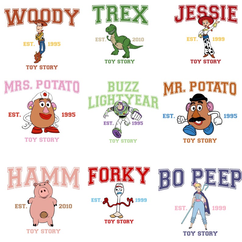 K&ouml;nnte beinhalten: Neun farbenfrohe Illustrationen von Toy Story-Charakteren, darunter Woody, Rex, Jessie, Mrs. Potato Head, Buzz Lightyear, Mr. Potato Head, Hamm, Forky und Bo Peep. Jeder Charakter ist mit seinem Namen dar&uuml;ber und dem Text "Toy Story" darunter dargestellt.