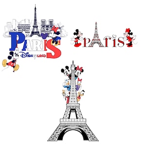 May include: Several illustrations featuring the Eiffel Tower and Disney characters. One design spells "Paris Disneyland" with Mickey and Minnie Mouse. Another shows Mickey and Minnie with the Eiffel Tower. The last design features Disney characters on the Eiffel Tower.