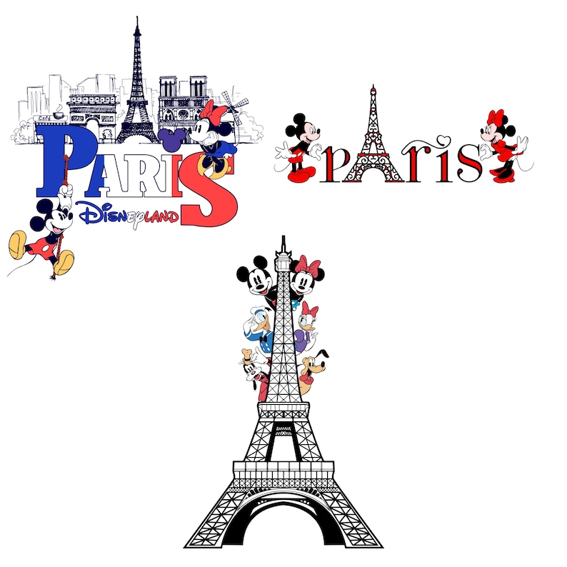 May include: Several illustrations featuring the Eiffel Tower and Disney characters. One design spells "Paris Disneyland" with Mickey and Minnie Mouse. Another shows Mickey and Minnie with the Eiffel Tower. The last design features Disney characters on the Eiffel Tower.