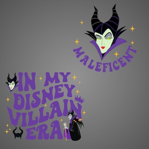 Puede incluir: Ilustraci&oacute;n de Mal&eacute;fica de Disney. La imagen incluye el texto "Mal&eacute;fica" y "In My Disney Villain Era" en morado. El dise&ntilde;o incorpora estrellas y una silueta de Mal&eacute;fica.