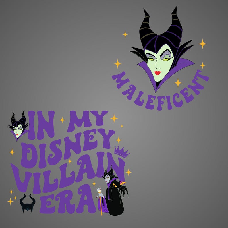 Puede incluir: Ilustraci&oacute;n de Mal&eacute;fica de Disney. La imagen incluye el texto "Mal&eacute;fica" y "In My Disney Villain Era" en morado. El dise&ntilde;o incorpora estrellas y una silueta de Mal&eacute;fica.