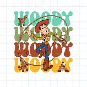 Puede incluir: Ilustraci&oacute;n de dibujos animados de Woody de Toy Story, con sombrero de vaquero, chaleco y botas, sosteniendo un lazo. La palabra "Woody" est&aacute; superpuesta en colores retro detr&aacute;s del personaje, con caballos de dibujos animados.