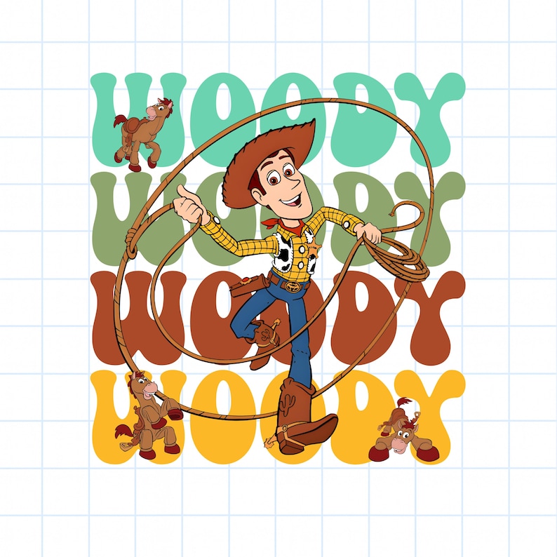 Puede incluir: Ilustraci&oacute;n de dibujos animados de Woody de Toy Story, con sombrero de vaquero, chaleco y botas, sosteniendo un lazo. La palabra "Woody" est&aacute; superpuesta en colores retro detr&aacute;s del personaje, con caballos de dibujos animados.