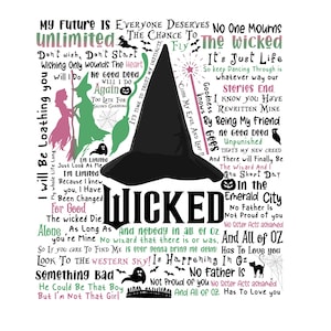 Peut inclure: Un chapeau de sorcière noir avec le mot "Wicked" en grandes lettres. L'image est remplie de texte de la comédie musicale, avec des phrases comme "Unlimited", "Emerald City" et "Something Bad". Des silhouettes de sorcières et de chauves-souris sont également présentes.