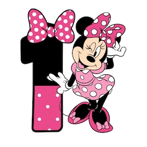 May include: A cartoon illustration of Minnie Mouse in a pink polka dot dress and bow, with a matching bow on the number one. The number one is black with a pink polka dot section.