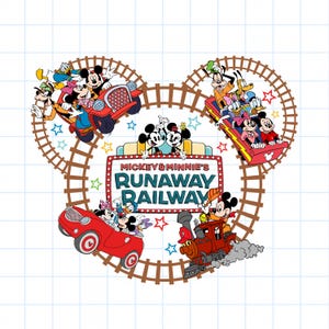 May include: A colorful graphic featuring Mickey and Minnie Mouse, Goofy, Donald Duck, and Daisy Duck in various vehicles and a train. The image is designed in the shape of Mickey Mouse's head, with the words "Runaway Railway" prominently displayed.