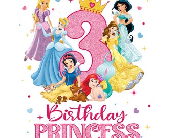 Princesa de 3er Cumpleaños PNG, Diseño de Camiseta Disney para Niña (Archivo Digital)