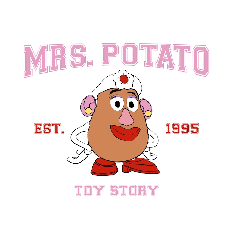 K&ouml;nnte beinhalten: Cartoon-Illustration von Mrs. Potato Head aus Toy Story. Sie hat einen kartoffelf&ouml;rmigen Kopf in Beige, rote Lippen und tr&auml;gt einen wei&szlig;en Hut mit einer roten Blume. Der Text "MRS. POTATO", "EST. 1995" und "TOY STORY" sind ebenfalls vorhanden.