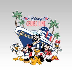 May include: A graphic featuring Disney characters in sailor outfits in front of a cruise ship. The text "Disney Cruise Line" is above the ship. Palm trees are on either side of the ship. Characters include Mickey, Minnie, Donald, Daisy, Goofy, and Pluto.