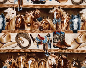 Western Cowboy Hats Horses Ropes & Boots Cotton Fabric