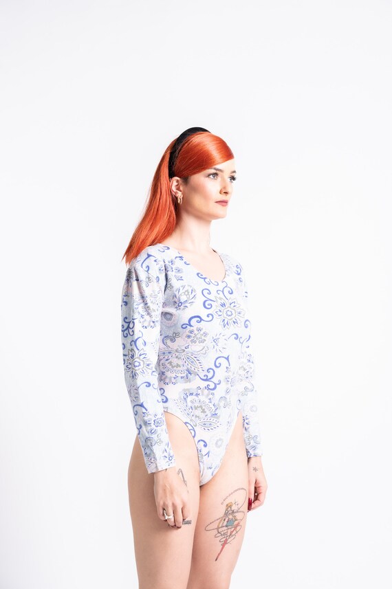 90s Baby Blue Floral Long Sleeved Bodysuit - image 2