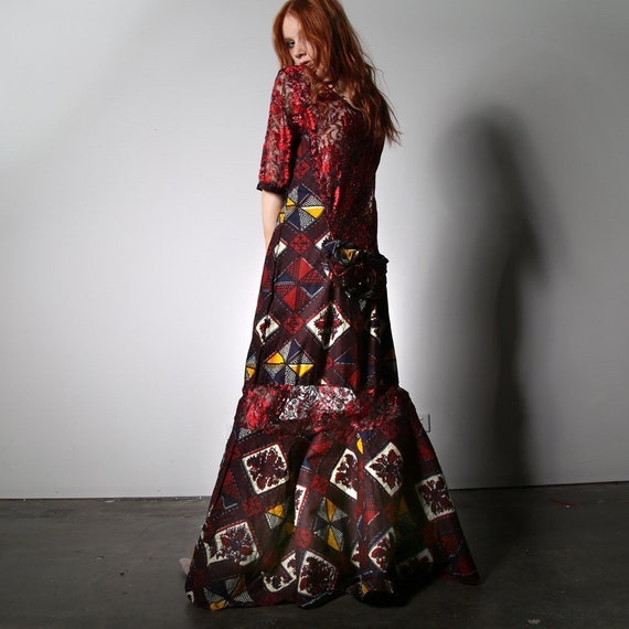 Vintage Lace African Print Floor Length Dress - image 5