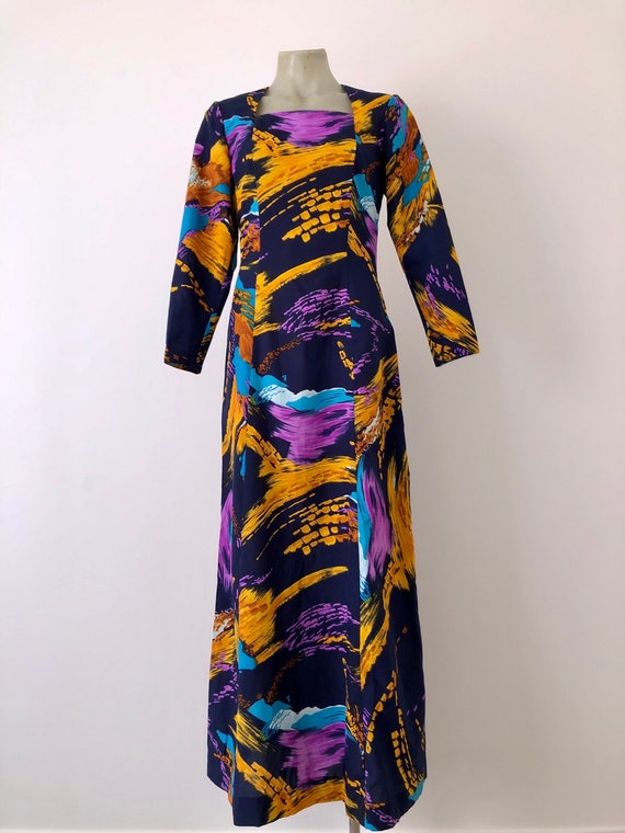 Navy printed long sleeve dress - image 2