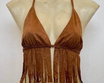 Suedette Halter Fringe Bra Top