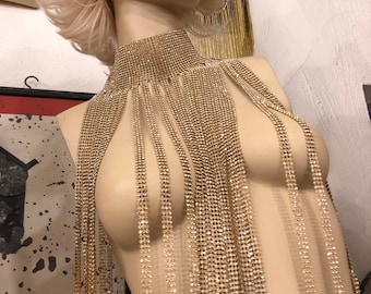 Gold Choker Rhinestone Drop Fringe Bodychain Jewellery