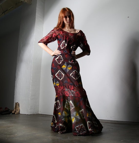 Vintage Lace African Print Floor Length Dress - image 4