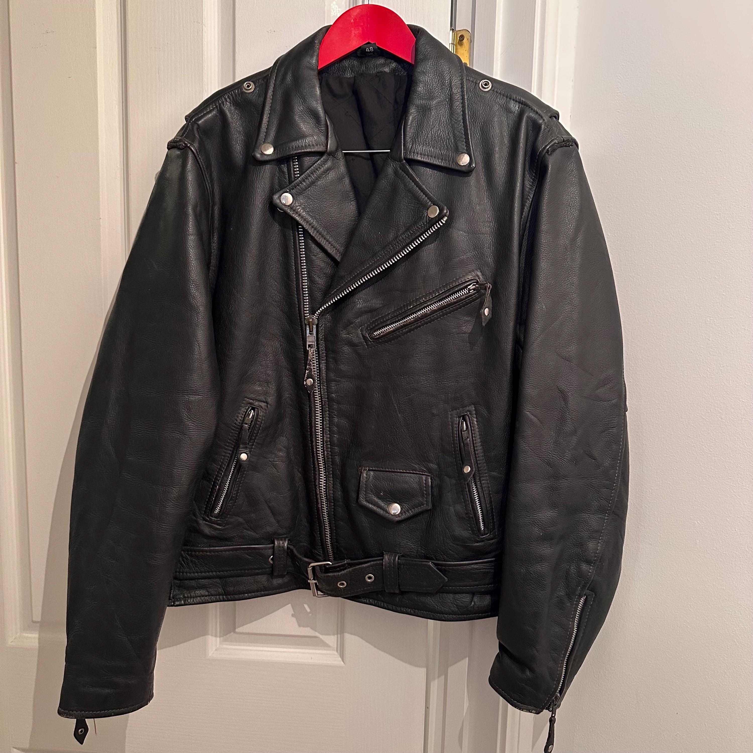 Vintage Heavyweight Black Leather Biker Jacket Size 48 Classic Asymmetrical Motorcycle Jacket with Belt All American Rider
