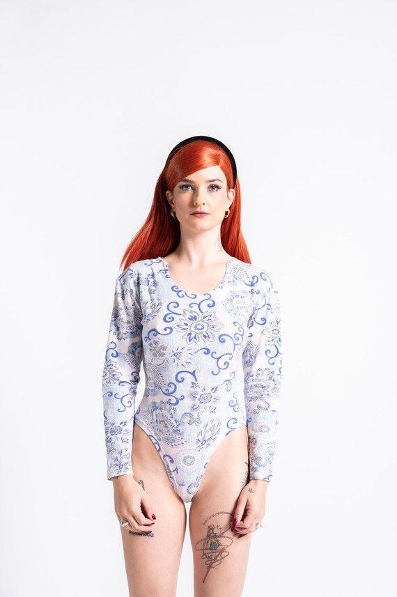 90s Baby Blue Floral Long Sleeved Bodysuit - image 1