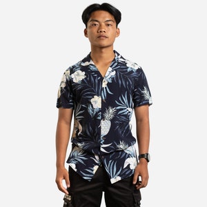 Navy Tropical Floral Print Short Sleeve Shirt image 1