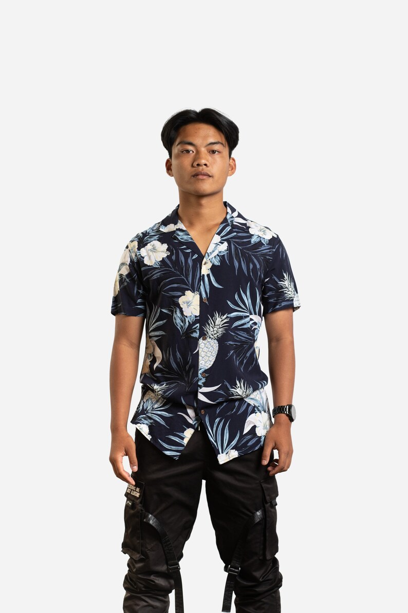 Navy Tropical Floral Print Short Sleeve Shirt image 1