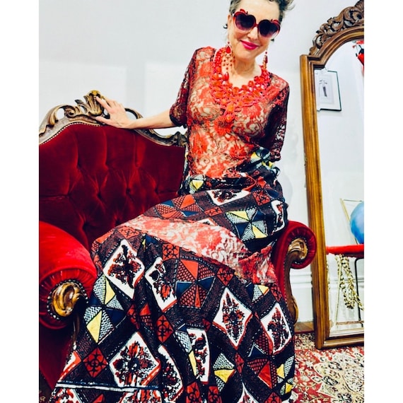Vintage Lace African Print Floor Length Dress - image 1