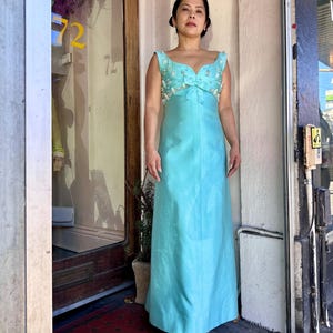 60s Green Embellished Silk Evening Dress
