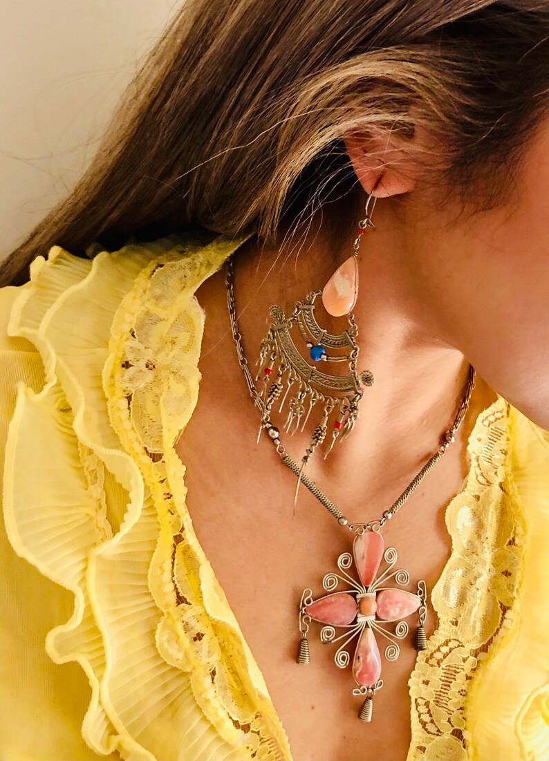 Peruaanse rozenkwarts ketting en oorbellen hangersets afbeelding 6
