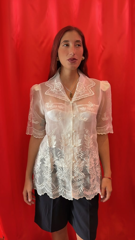 Sheer Floral Embroidered Shirt - Etsy UK