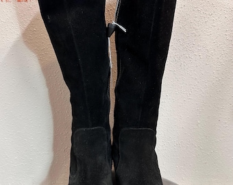 Vintage Black Suede & Rubber Blocked Heeled Boots
