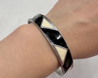 Vintage Black & Ivory Geometric Enamel Bangle | Silver Tone Statement Bracelet | Art Deco Style