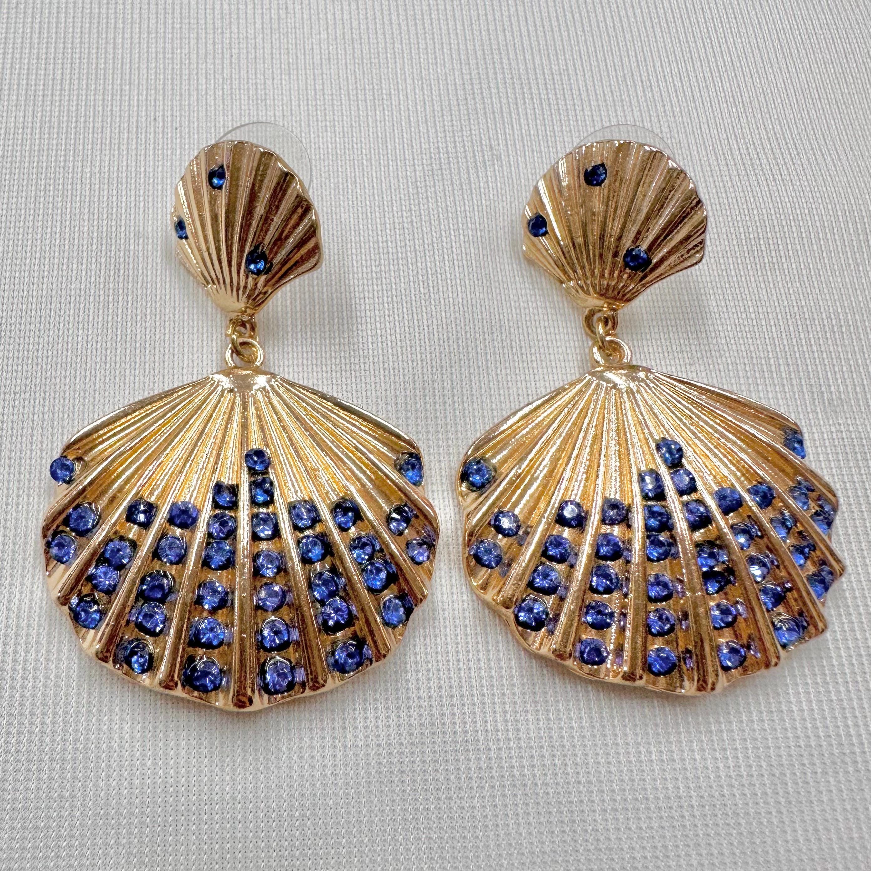 Vintage Gold Seashell Statement Earrings Blue Rhinestone Shell Drop Earrings Coastal Nautical Earrings Ocean Inspired Jewellery