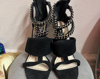 Vintage Robert Robert Chain Strap Heels Black Suede Leather Sandals EU40 Stiletto Heels Statement Designer Shoes