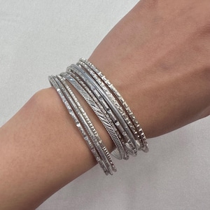 Vintage Silver Tone Mixed Textured Stacking Bangles Set of 9 | Boho Layering Bracelets | Statement Jewellery