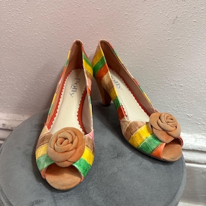 Vintage Pollini Peep Toe Heels Size 37 Multicolor Patchwork Floral Pumps Made in Italy Statement Shoes