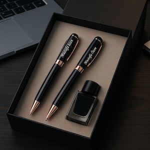 Personalized Black Fountain Pen Gift Set: Custom Engraved Luxury Pen