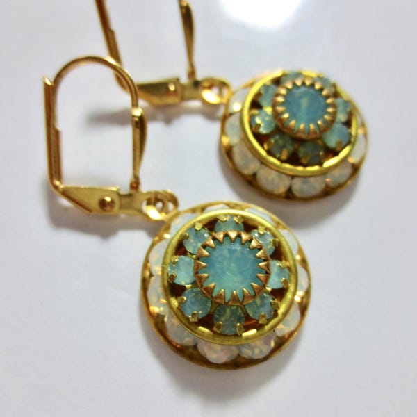 Vintage turquoise opal earrings, Art Deco earrings, 1920s Art Nouveau aqua crystal earrings