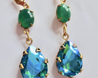 Art Nouveau Aqua Earrings, Art Deco Green Opal Glass, Turquoise Crystal Drops