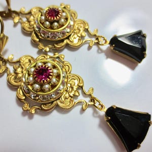 Edwardian Art Deco Earrings: vintage clear, ruby crystals & pearls, black drop earrings