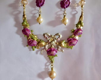 Hand-Painted Victorian Roses Necklace and Earrings Set, Vintage Pearl Drop Jewelry