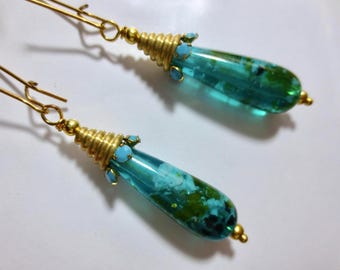 Long Art Deco earrings, Egyptian Revival earrings, vintage turquoise  earrings