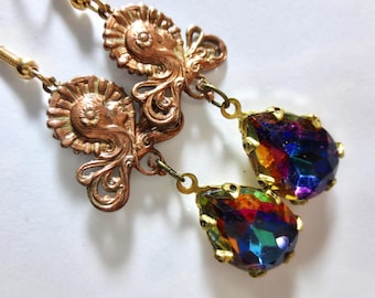 Art Nouveau Mucha Earrings: Vintage Style Blue Violet Glass Drops